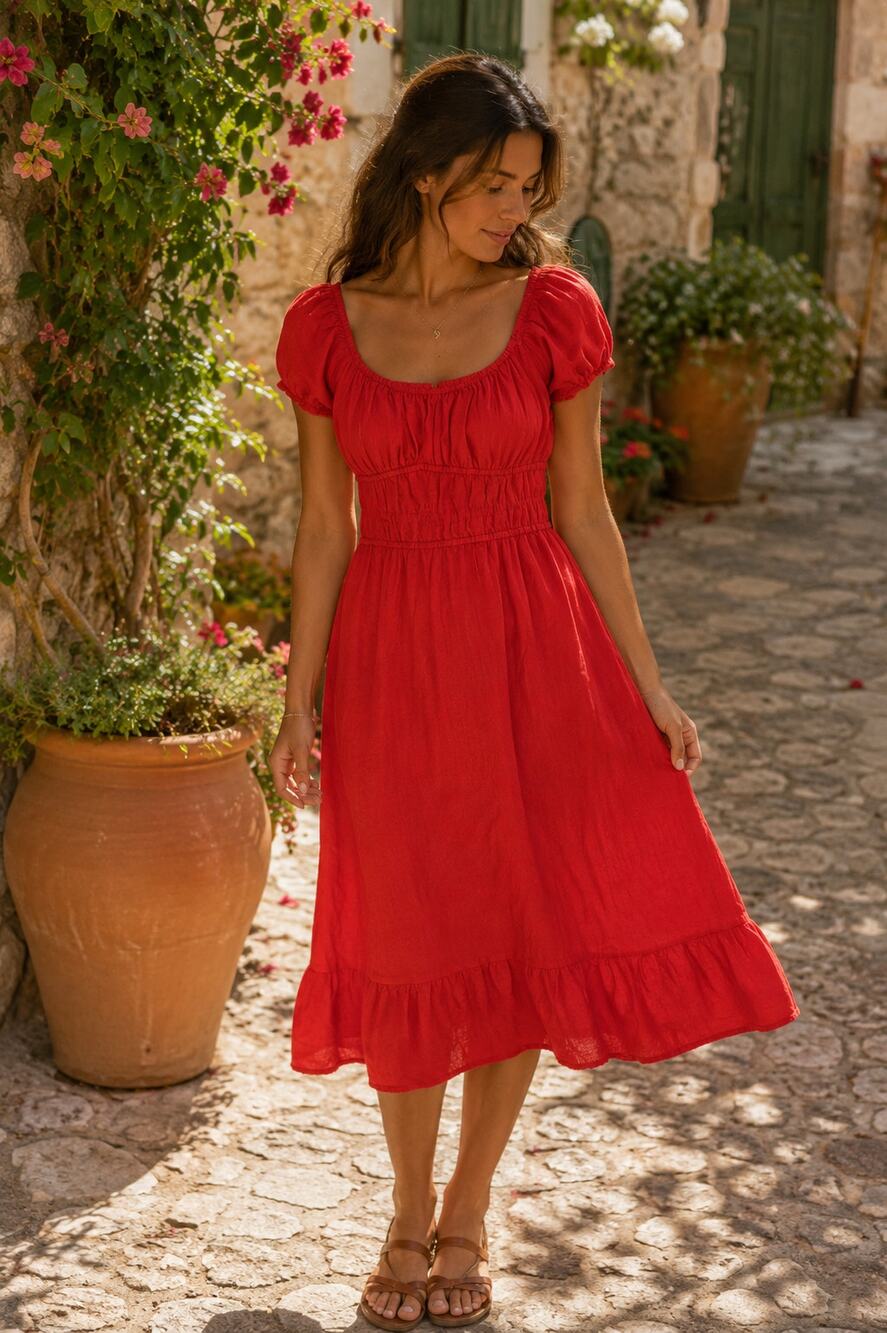 Boho Cottagecore Orange Red Sundress with Ruffle Hem & Smocked Bodice